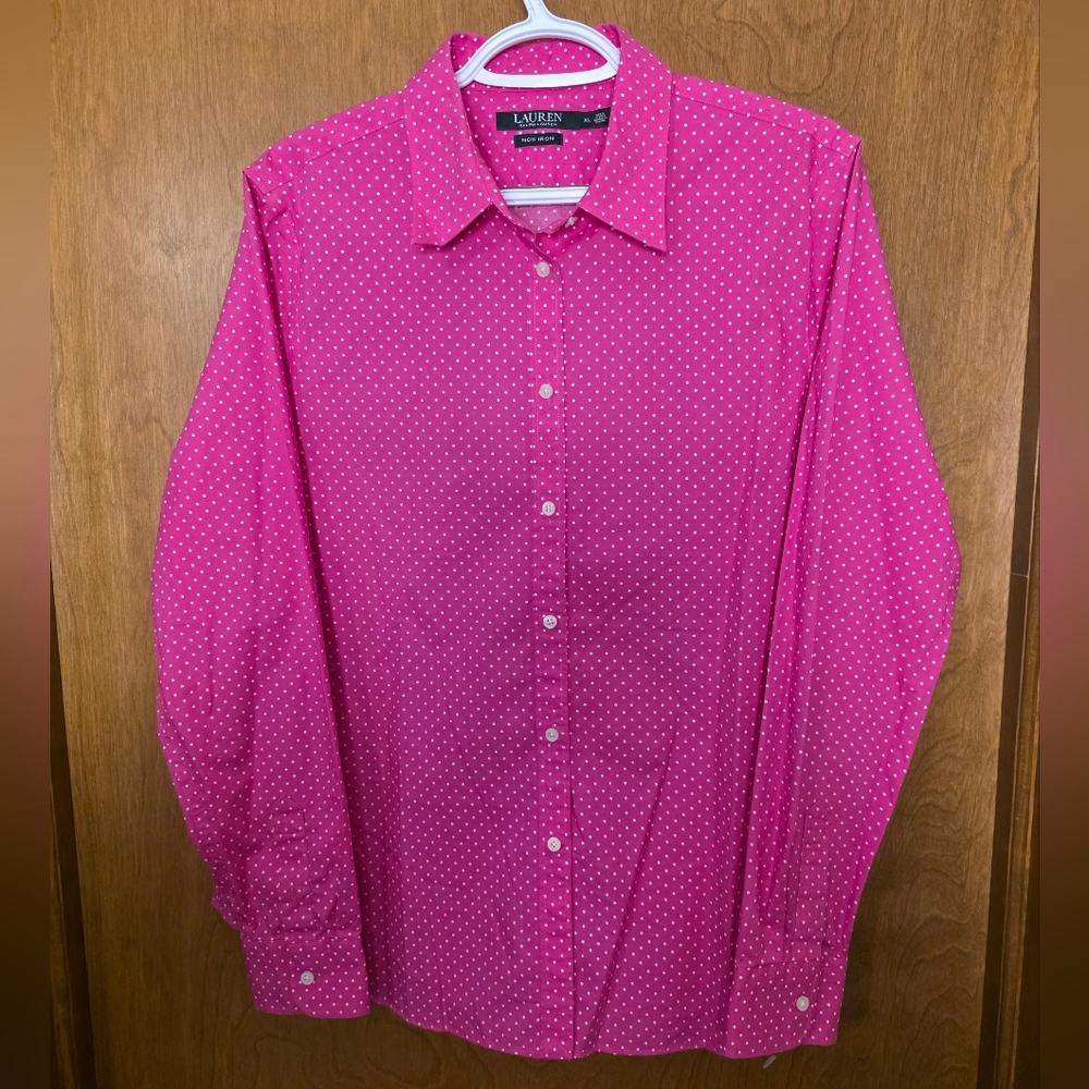 Lauren Ralph Lauren Hot Pink/White Dots Black Label Button Down Shirt